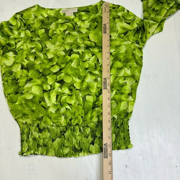Michael Kors Petite M Green Floral Smocked Blouse Roll Tab Long Sleeve - Picture 6 of 9